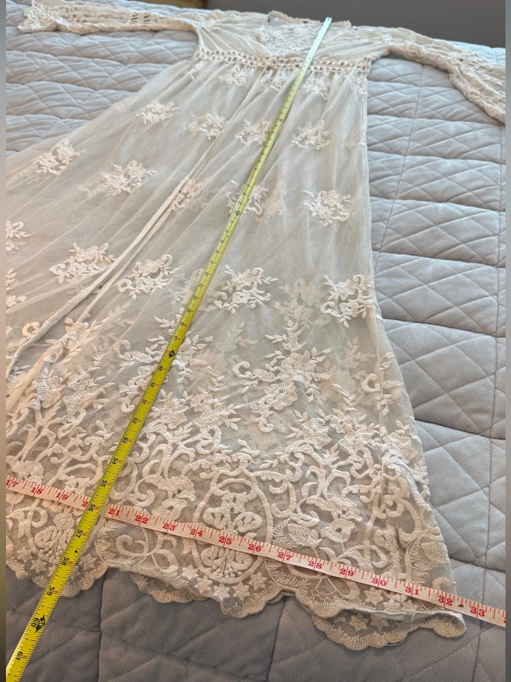 Sheer off white Embroidered Lace Duster, cover up, - Picture 5 of 7